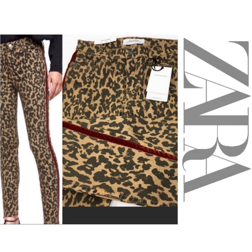 Zara THE SKINNY in Animal Print Side Velvet detail Trim Size 2 NWT